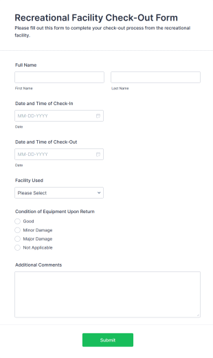 Recreational Facility Check Out Form Template