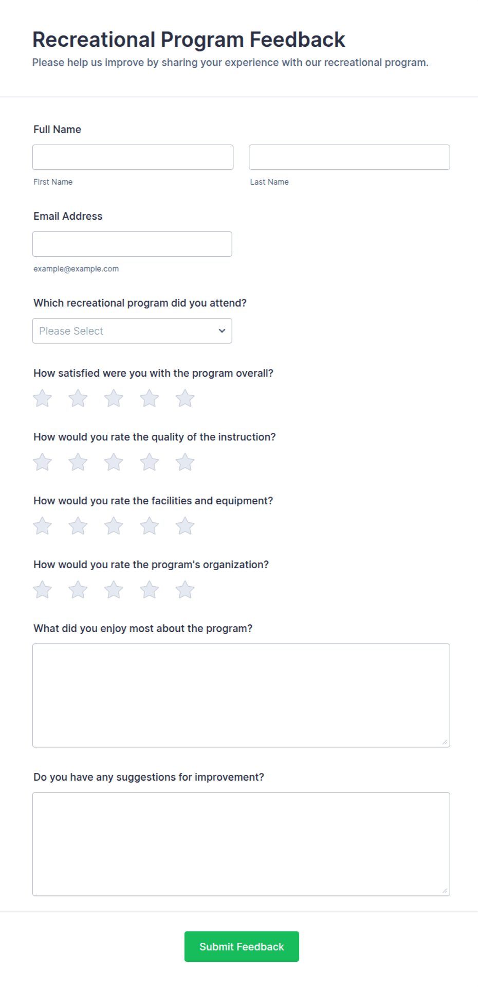Feedback Program Names Recreational Program Feedback Form Template | Jotform