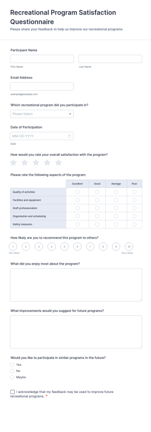 Recreational Program Satisfaction Questionnaire Form Template