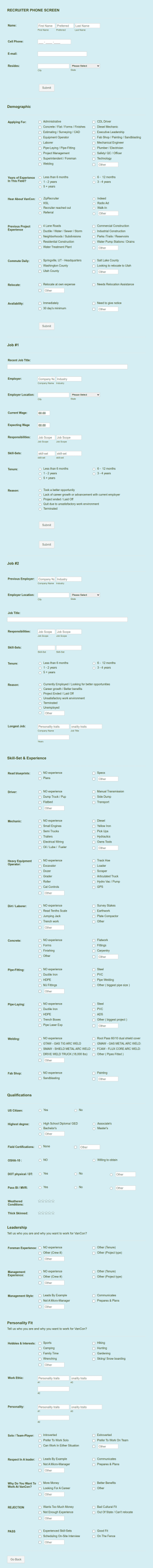Recruiter Phone Screen Form Template