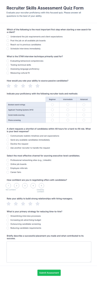 Recruiter Skills Assessment Quiz Form Template