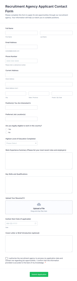 Recruitment Agency Applicant Contact Form Template