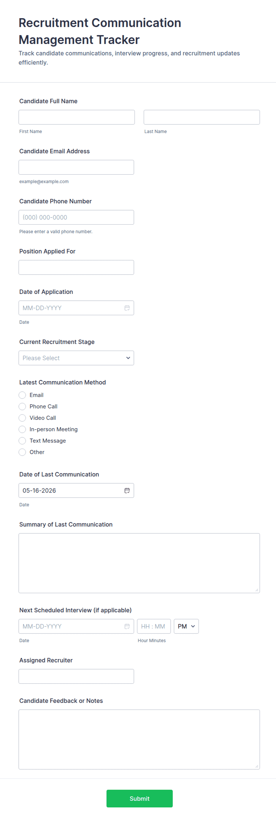 Recruitment Communication Management Tracker Form Template | Jotform
