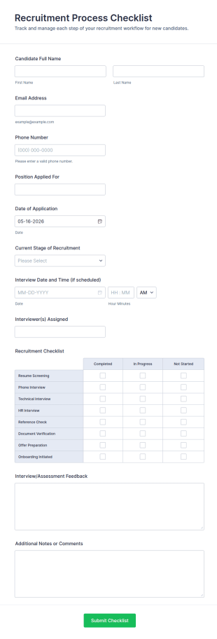 Recruitment Process Checklist Form Template