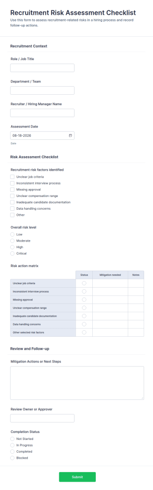 Recruitment Risk Assessment Checklist Form Template