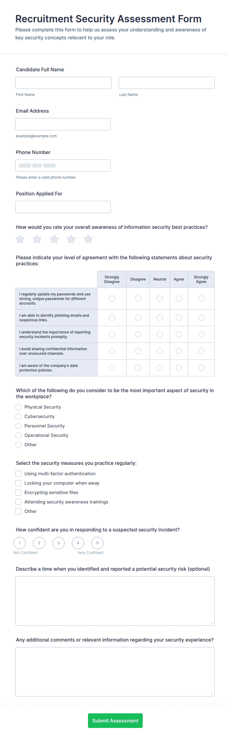 Sample Security Scan Form Recruitment Security Assessment Form Template | Jotform