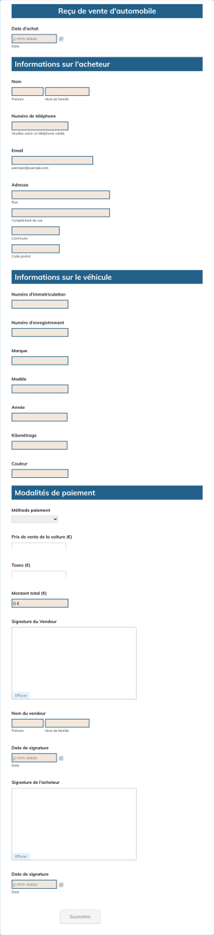 Reçu De Vente D'automobile Form Template