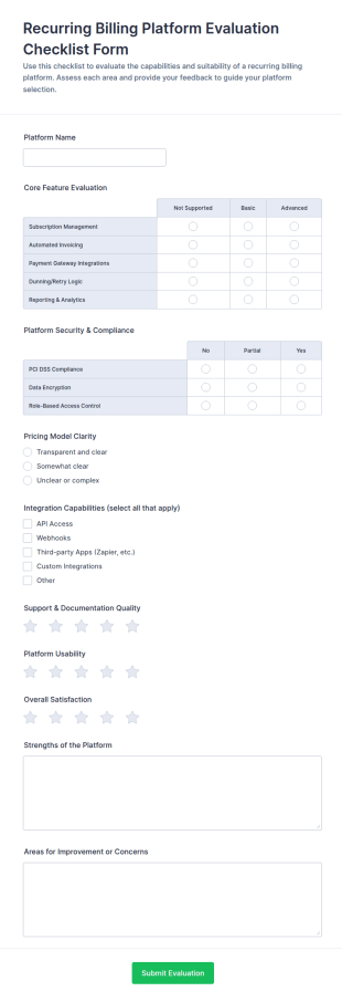 Recurring Billing Platform Evaluation Checklist Form Template