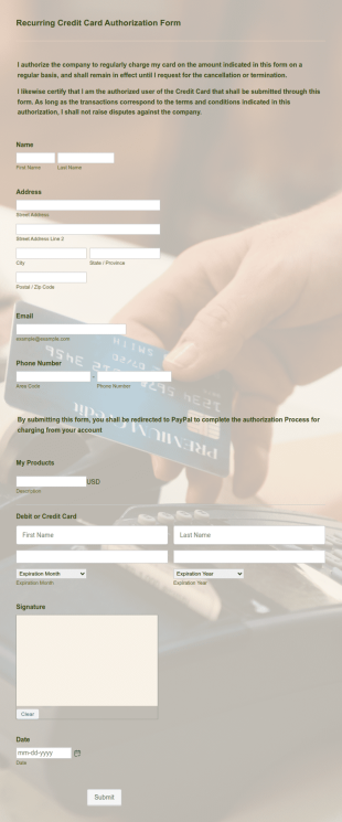 Recurring Credit Card Authorization Form Template