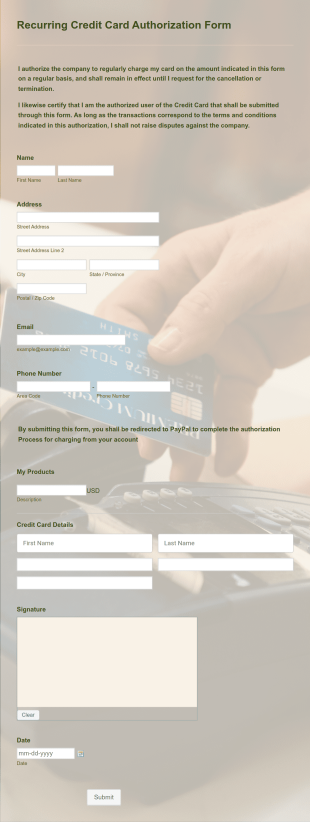Recurring Credit Card Authorization Form Template