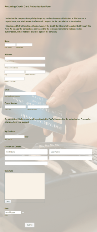 Recurring Credit Card Authorization Form Template