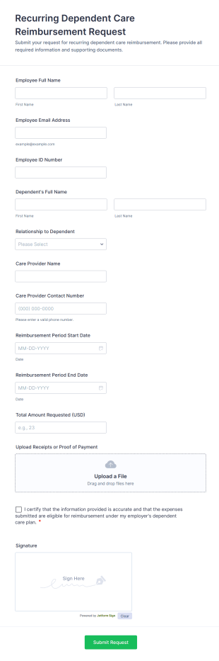 Recurring Dependent Care Reimbursement Request Form Template