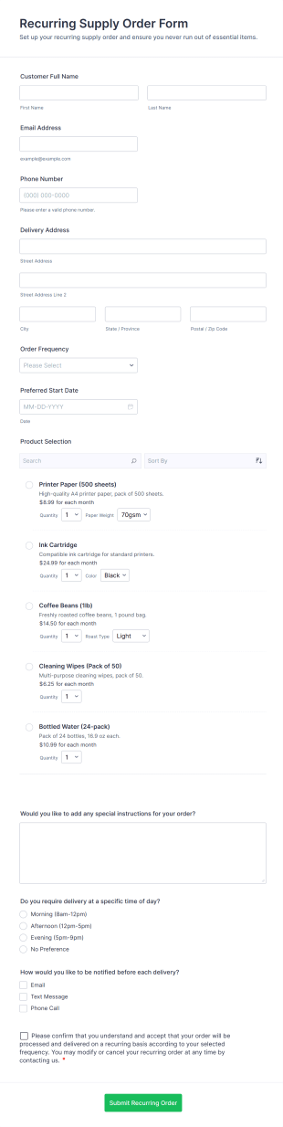 Recurring Supply Order Form Template