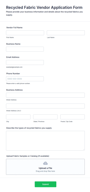 Recycled Fabric Vendor Application Form Template