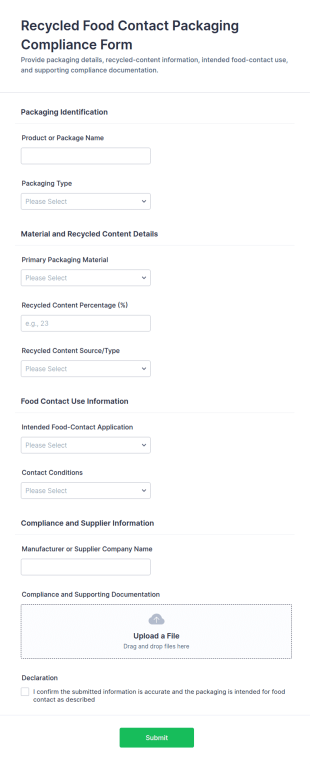 Recycled Food Contact Packaging Compliance Form Template