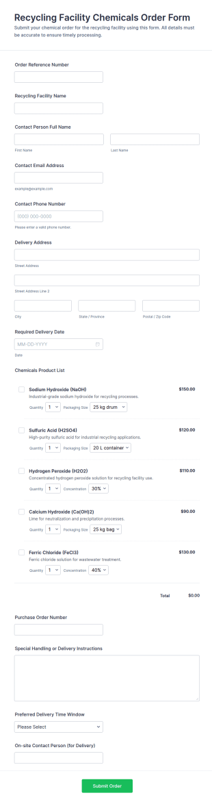 Recycling Facility Chemicals Order Form Template