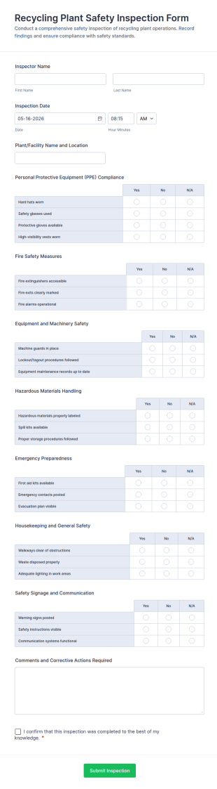 Recycling Plant Safety Inspection Form Template
