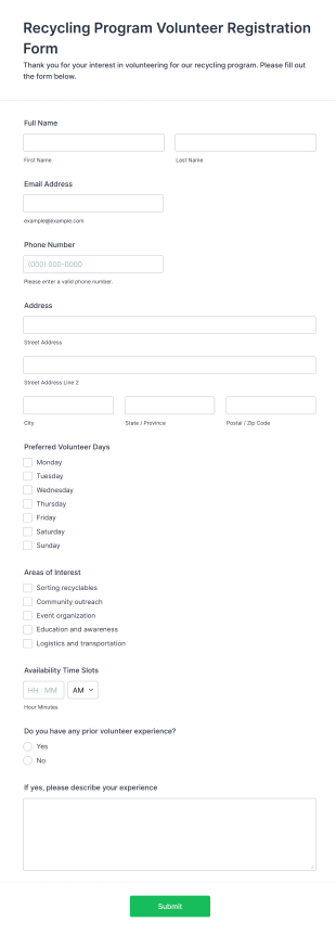 Recycling Program Volunteer Registration Form Template