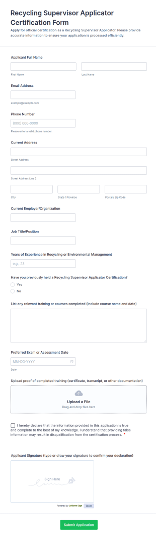 Recycling Supervisor Applicator Certification Form Template