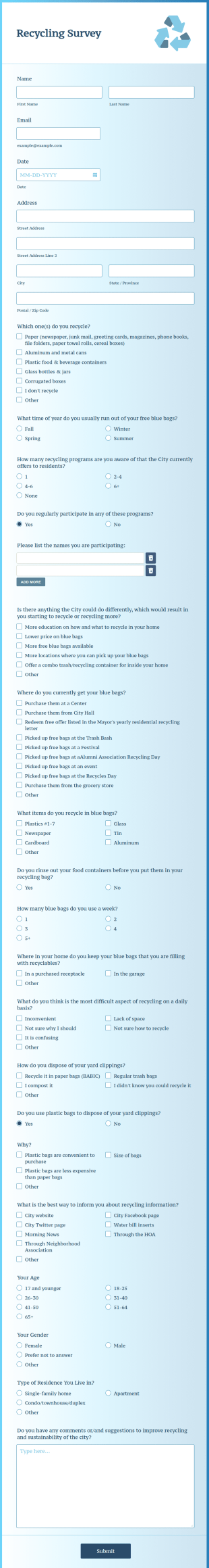 Recycling Survey Form Template