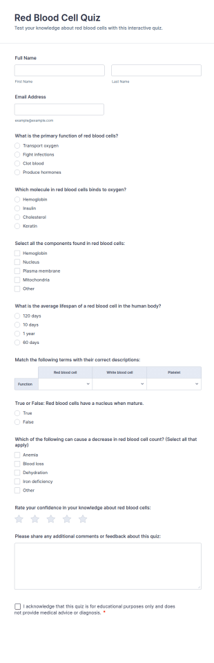 Red Blood Cell Quiz Form Template