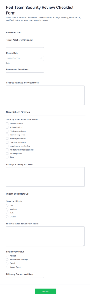Red Team Security Review Checklist Form Template