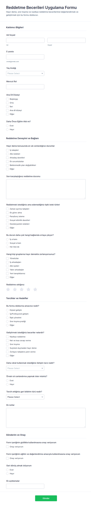 Reddetme Becerileri Uygulama Form Şablonu