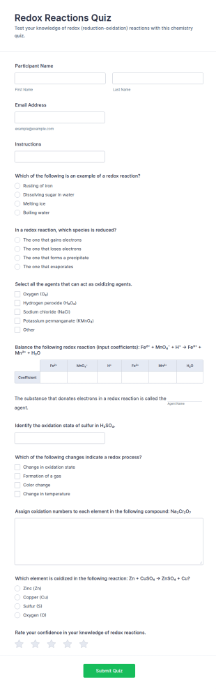 Redox Reactions Quiz Form Template