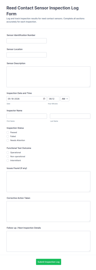 Reed Contact Sensor Inspection Log Form Template