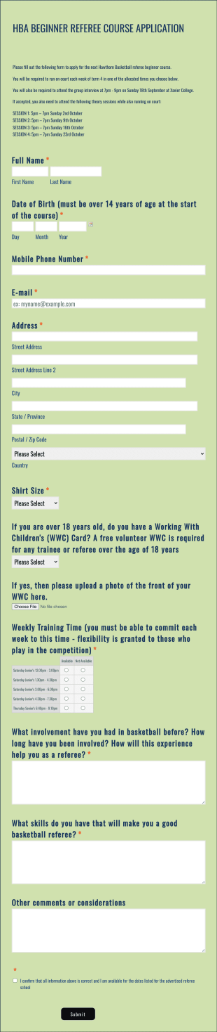 Referee Course Application Form Template