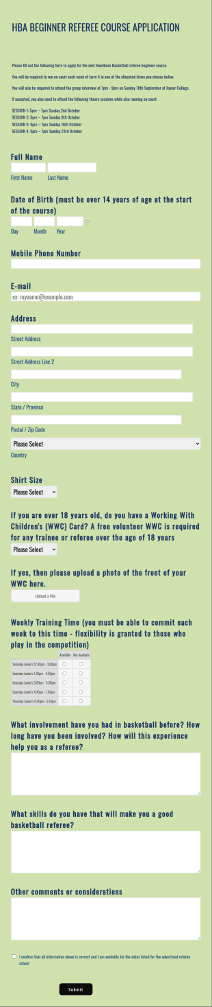 Referee Course Application Form Template