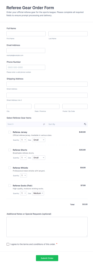 Referee Gear Order Form Template