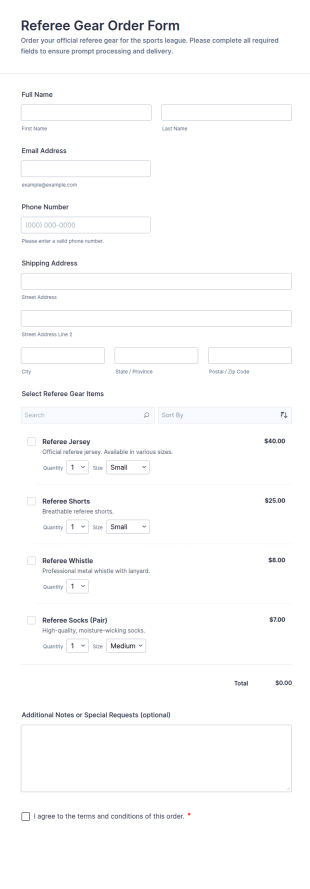 Referee Gear Order Form Template
