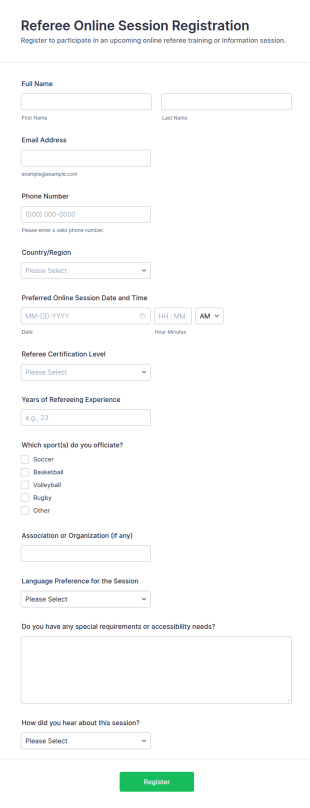 Referee Online Session Registration Form Template
