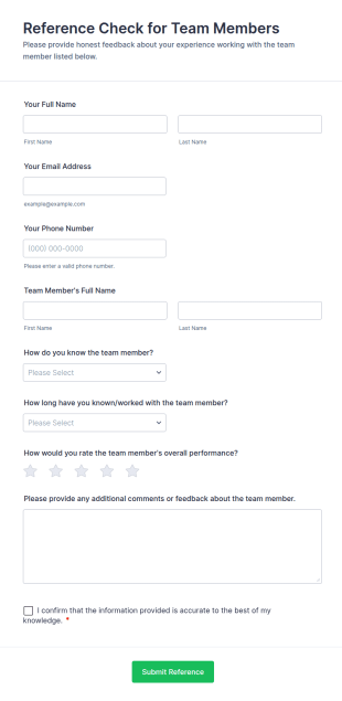 Reference Check For Team Members Form Template