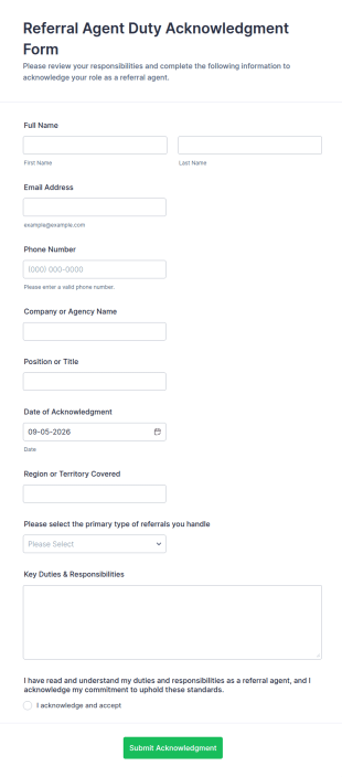 Referral Agent Duty Acknowledgment Form Template