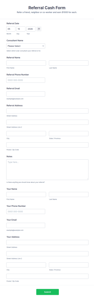 Referral Cash Form Template
