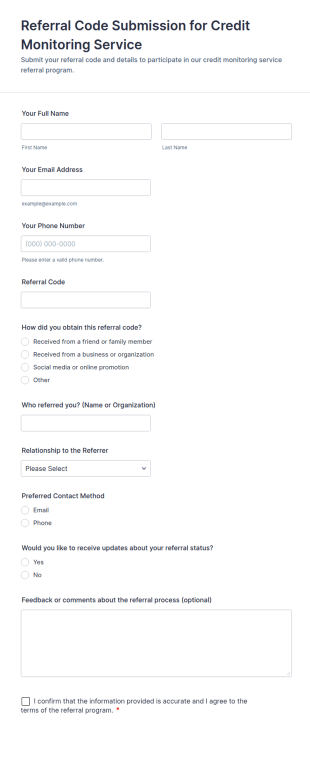 Referral Code Submission For Credit Monitoring Service Form Template