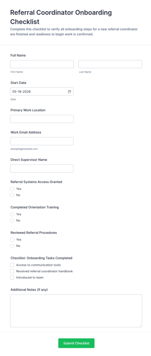 Referral Coordinator Onboarding Checklist Form Template