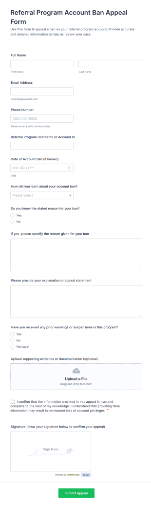 Referral Program Account Ban Appeal Form Template