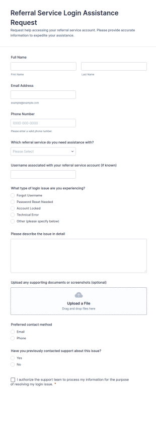 Referral Service Login Assistance Request Form Template