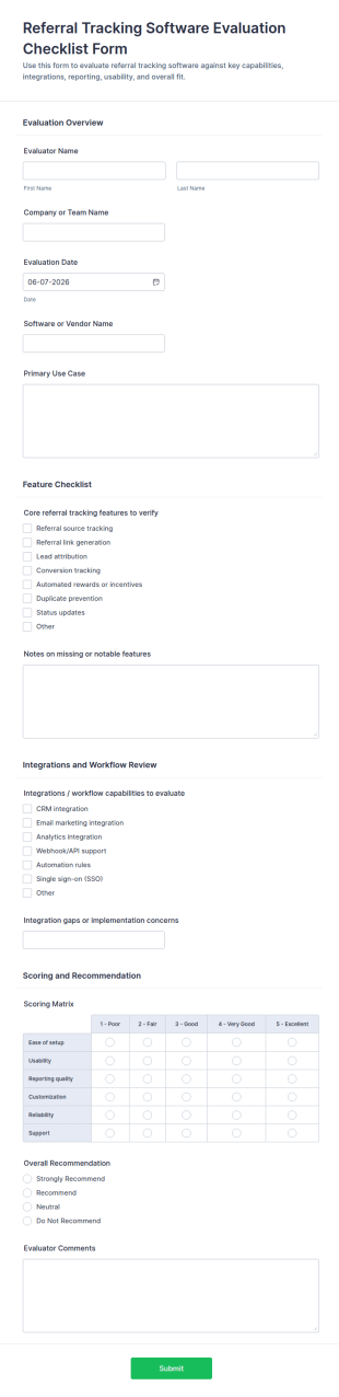 Referral Tracking Software Evaluation Checklist Form Template