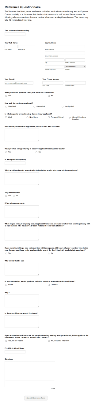 Referrer Check Questionnaire Form Template