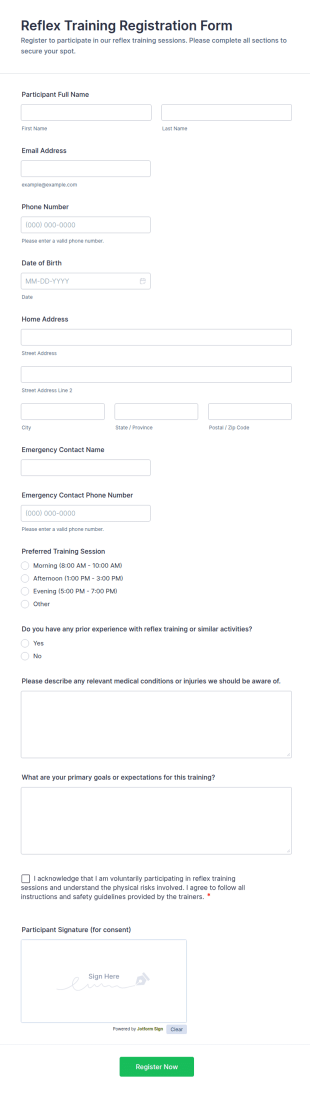 Reflex Training Registration Form Template