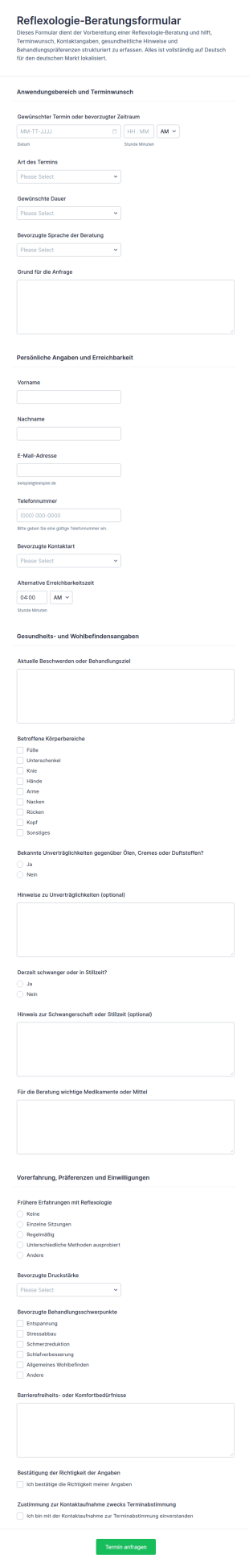 Reflexologie Beratungsformular