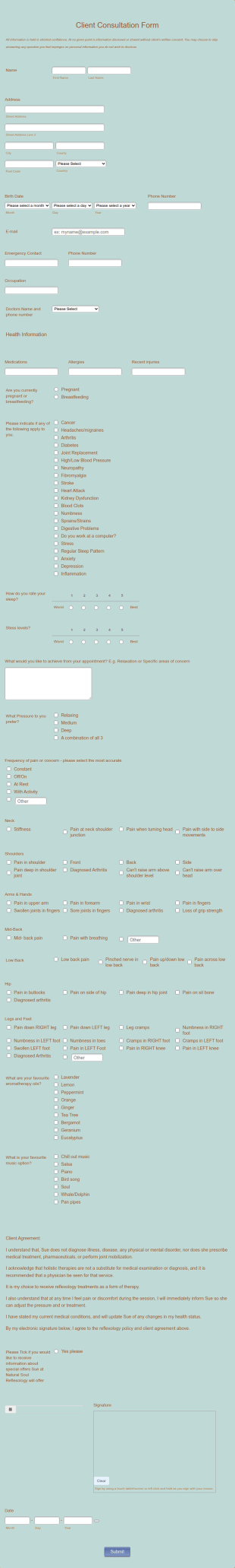 Reflexology Consultation Form Template