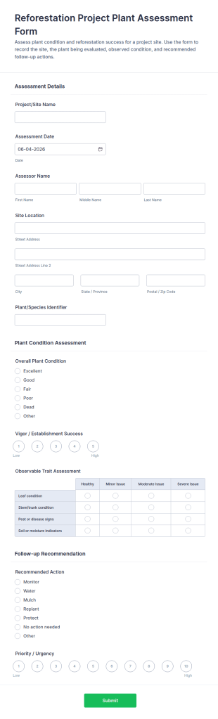 Reforestation Project Plant Assessment Form Template