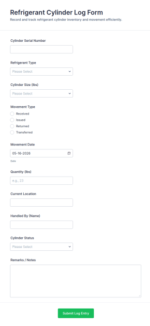 Refrigerant Cylinder Log Form Template