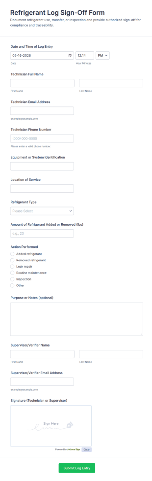 Refrigerant Log Sign Off Form Template