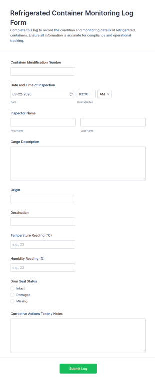 Refrigerated Container Monitoring Log Form Template
